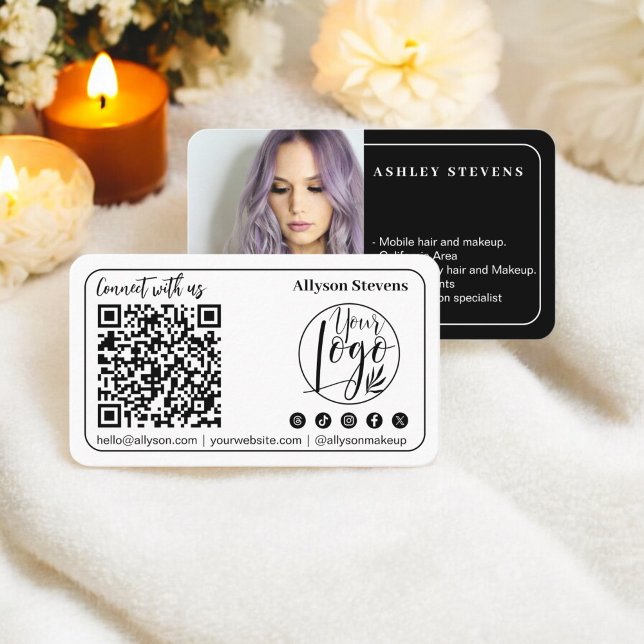 Modern Schwarz-weißes QR-Foto-Logo für soziale Med Visitenkarte (Modern black white Social Media QR Code Photo Logo Business Card black white)