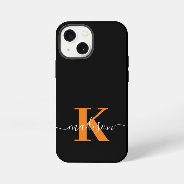 Modern schwarzes und oranges Monogramm iPhone 13 Mini Hülle (Rückseite)