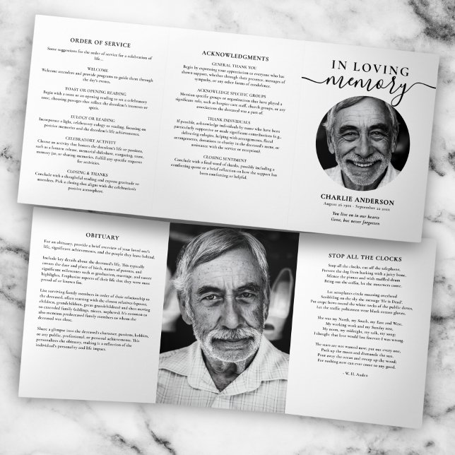 Modern Script 2-Photo Trifold Funeral Program Dreifach-gefaltete Programmkarte (Von Creator hochgeladen)