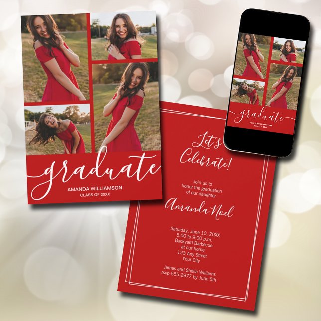 Modern Script 4 Foto Scarlet Abschluss Ankündigung (Modern script 4 photo scarlet red graduation announcements - PRINTED and/or INSTANT DOWNLOAD)