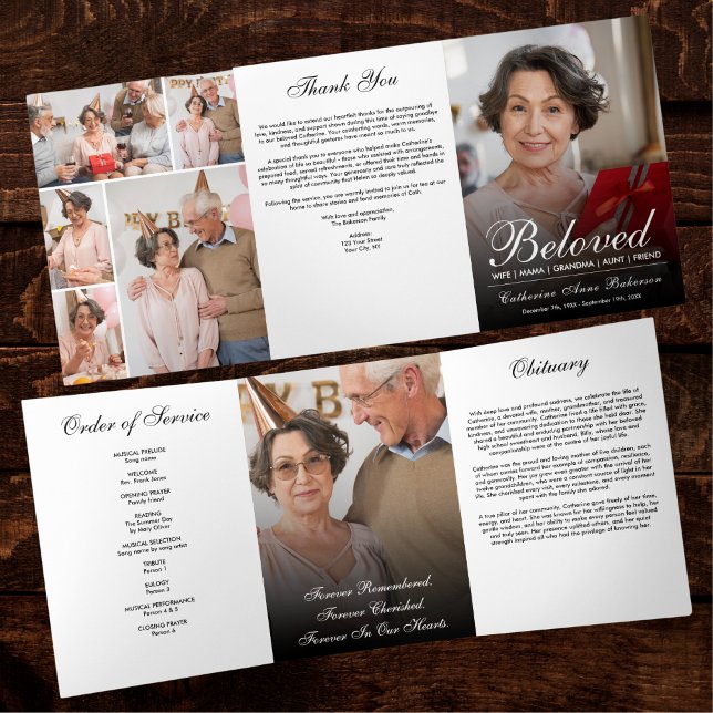 Modern Script 7-Photo Trifold Funeral Program Dreifach-gefaltete Programmkarte (Von Creator hochgeladen)