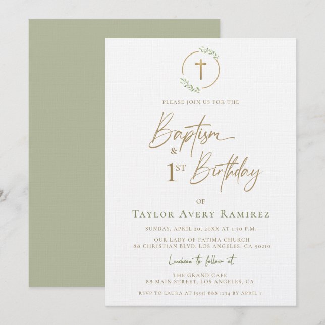 Modern Script Baptism and 1st Birthday Green Gold  Einladung (Vorne/Hinten)
