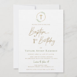 Modern Script Baptism and 1st Birthday Green Gold  Einladung