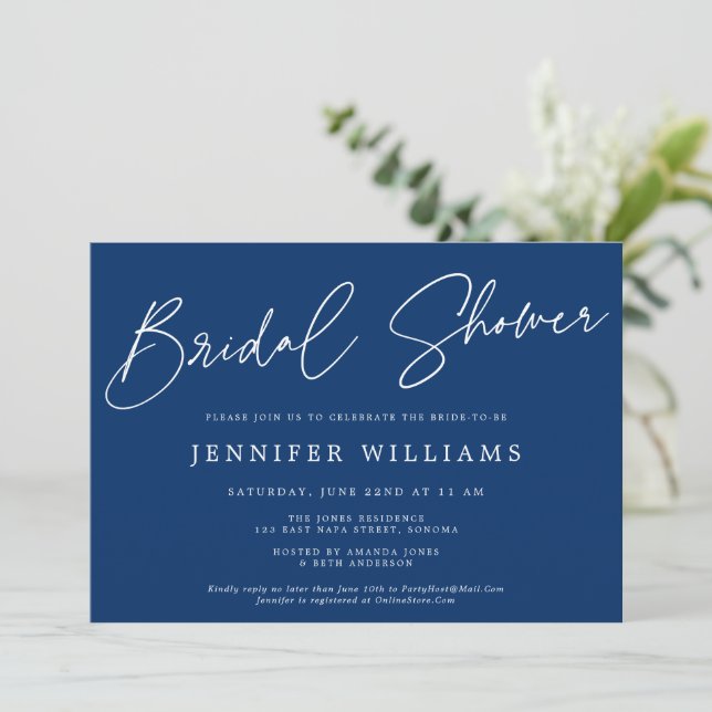 Modern Script Beautiful Navy Blue Brautparty Einladung (Stehend Vorderseite)