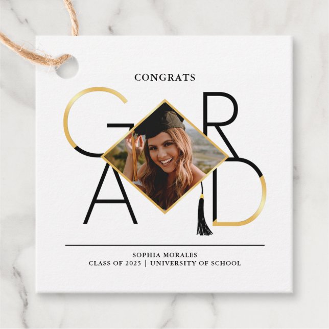 Modern Script Black & Gold Tassel Grad Foto Frame Geschenkanhänger (Vorderseite)