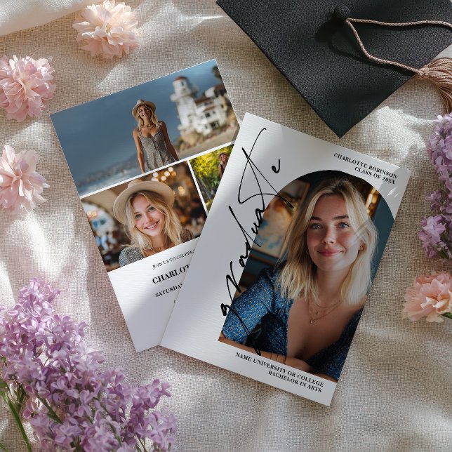  Modern Script black graduate photo graduation Einladung (Modern Script black graduate photo graduation Invitation)