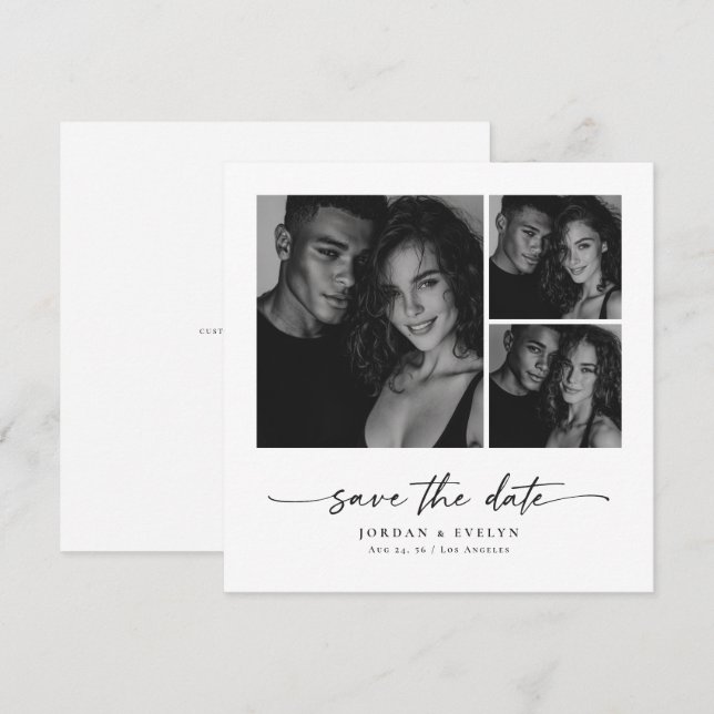 Modern Script Black & White 3 Photo Save the Date (Vorne/Hinten)