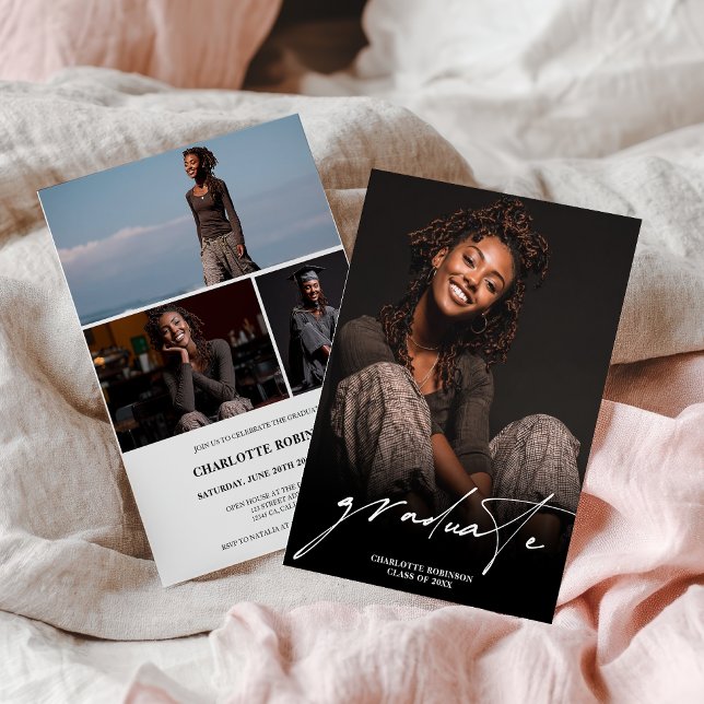 Modern Script Black White 4 Photo Graduation Einladung (Modern Script Black White 4 Photo Graduation Invitation)