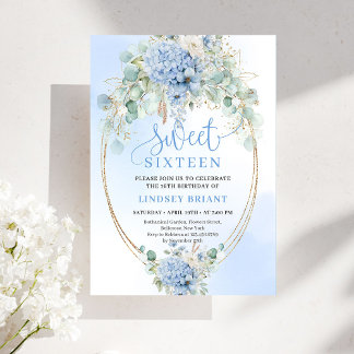 Modern Script Blue Hydrangeas Sweet Sixteen Invite Einladung