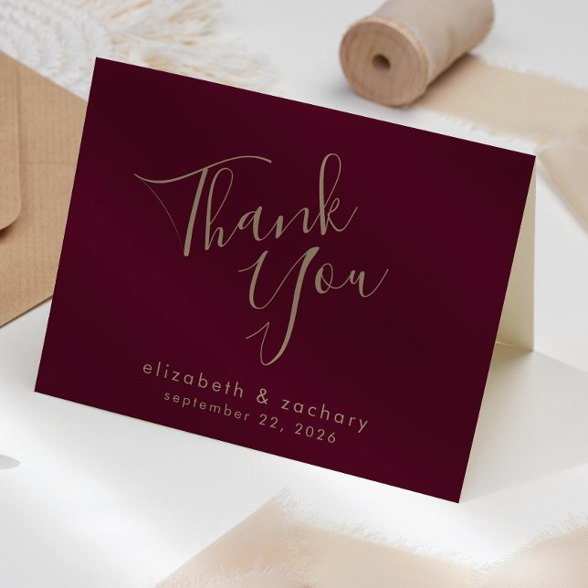 Modern Script Burgundy Gold Wedding Dankeschön Kar Karte (Von Creator hochgeladen)