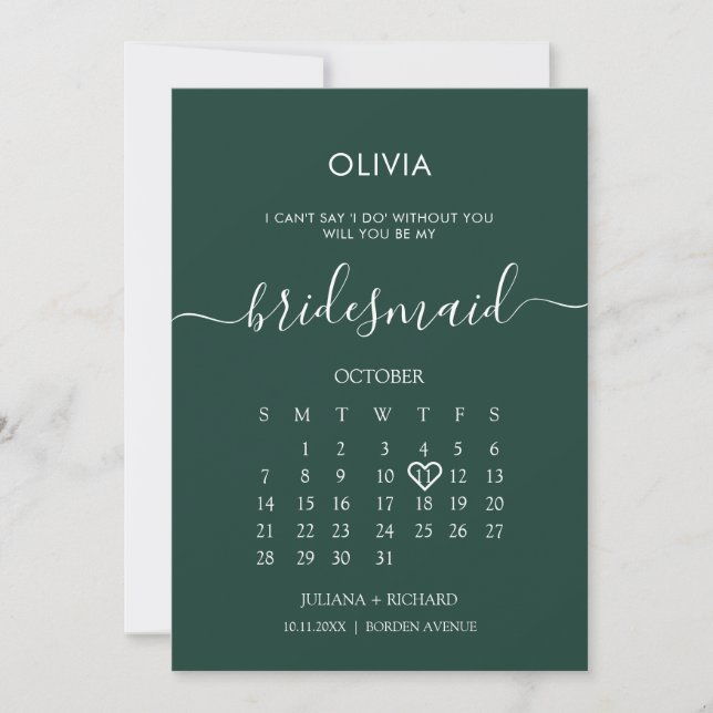 Modern Script Calendar Bridesmaid Emerald Vorschla Einladung (Vorderseite)