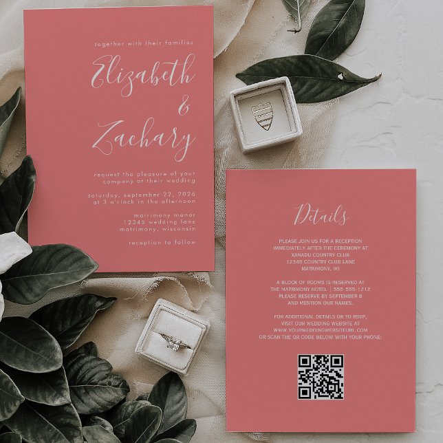 Modern Script Coral Pink QR Code Wedding Einladung (Von Creator hochgeladen)