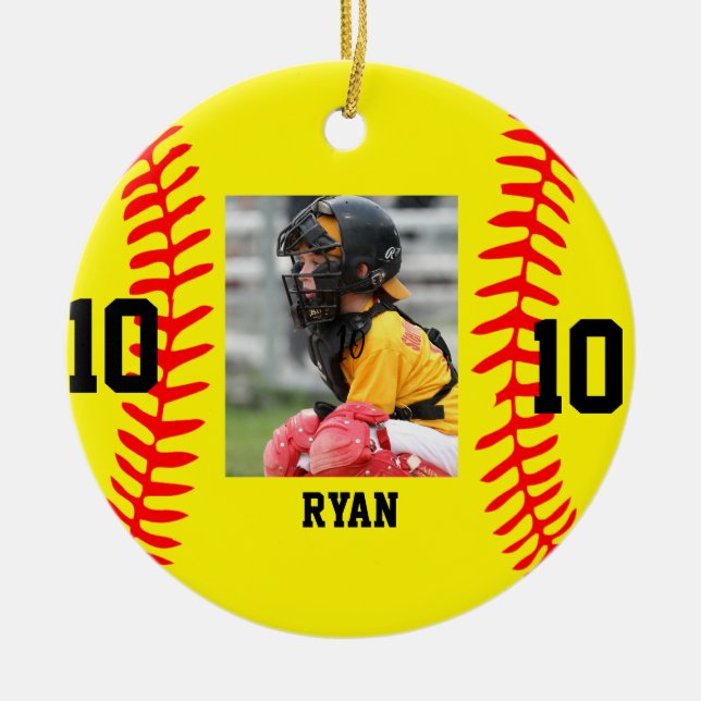 Modern Script Custom Baseball Foto Weihnachten Keramik Ornament (Vorne)
