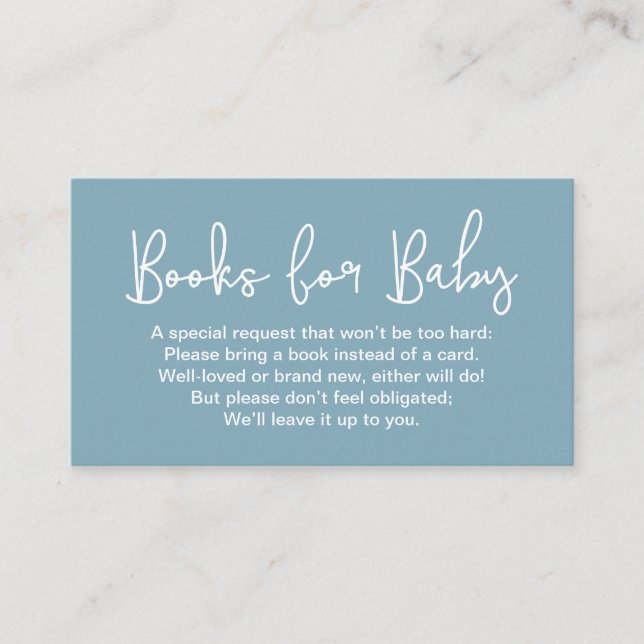 Modern Script dusty blue Baby shower Book Request Begleitkarte (Vorderseite)