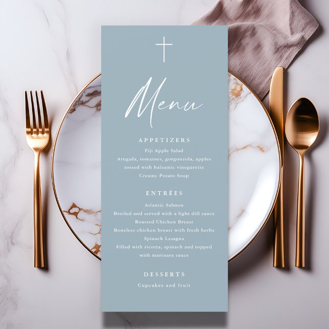 Modern Script Dusty Blue Baptismenü Programm (Modern script dusty blue baptism menu.)