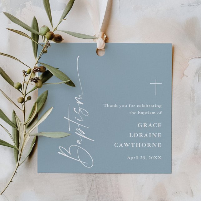 Modern Script Dusty Blue Boys Taufe Vielen Dank Geschenkanhänger (Modern script dusty blue boho boys baptism thank you favor tags.)