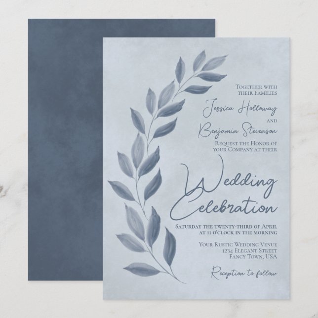 Modern Script Dusty Blue & Pewter Leaves Wedding Einladung (Vorne/Hinten)