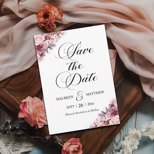 Modern Script Dusty Pink Boho Floral Save the Date (Von Creator hochgeladen)