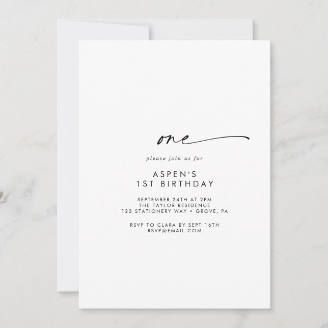 Modern Script First Birthday Party Einladung (Vorderseite)