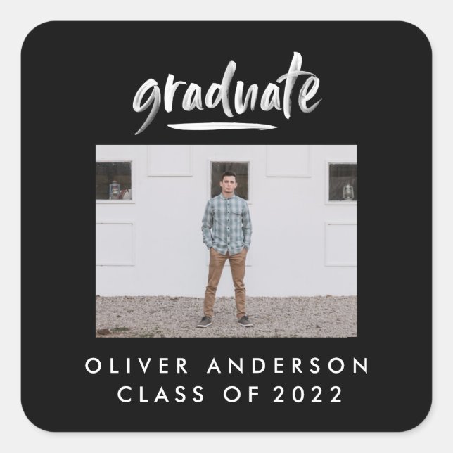 Modern Script Foto Black and White Graduation Quadratischer Aufkleber (Vorderseite)
