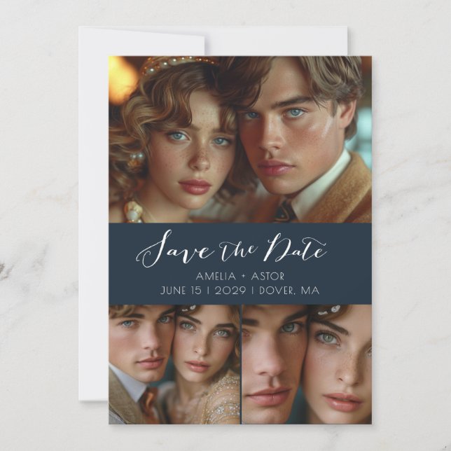 Modern Script Foto Collage Dusty Blue Save The Date (Vorderseite)