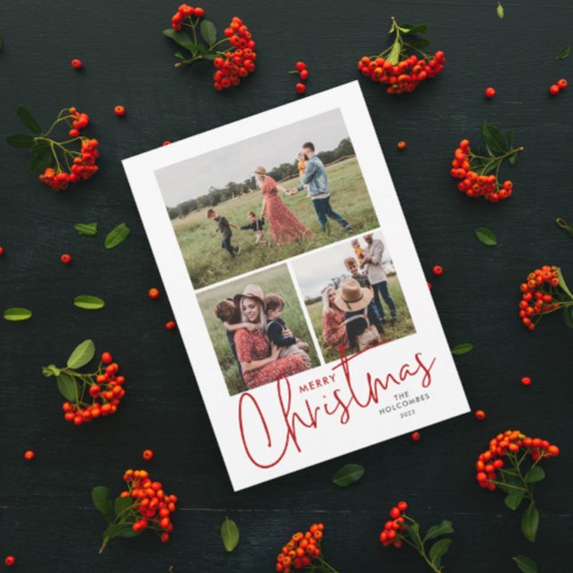 Modern Script Frohe Weihnachten Einfach 3 Foto (Simple script 3 photo collage merry christmas holiday card with handwritten typography.)
