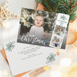Modern Script Frohe Weihnachts Foto Collage Feiertagskarte<br><div class="desc">Fügen Sie Ihre Fotos,  Name und Jahresdatum zu dieser einzigartigen,  modernen 3-Foto-Weihnachtskarte mit elegantem Skriptüberlagern. Die Nachricht und die Namen auf der Rückseite sind mit den Vorlagen leicht personalisiert.</div>