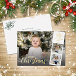 Modern Script Frohe Weihnachts Foto Collage Gold Folien Feiertagskarte<br><div class="desc">Fügen Sie Ihre Fotos,  Name und Jahresdatum zu dieser einzigartigen modernen Weihnachtskarte mit elegantem Schriftzeichen-Overlay,  das mit echter Goldfolie bedruckt ist.</div>