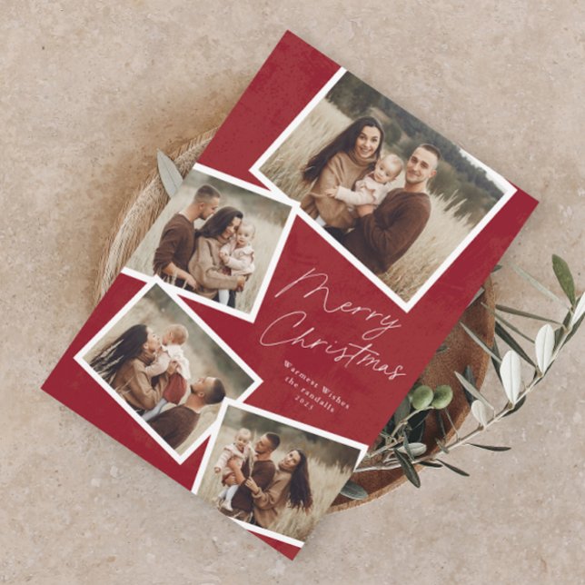 Modern Script Frohe Weihnachts Foto Collage Magnetkarte (Modern Script 4 Photo Collage Christmas Holiday Magnetic Card)
