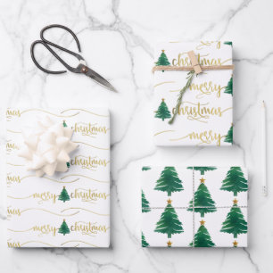 Modern Script frohe Weihnachtsbaum Gold Green Geschenkpapier Set