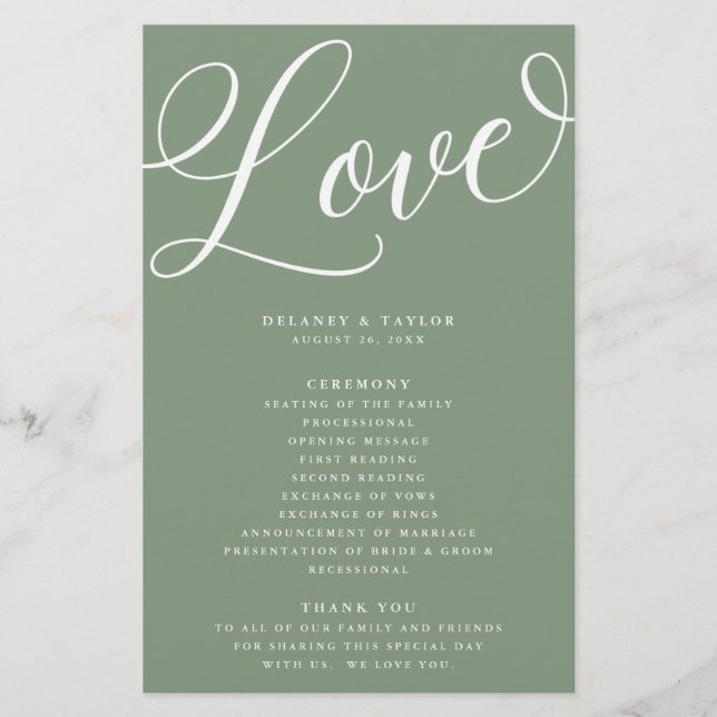 Modern Script Geblüht, Sage Green Paper Program Flyer (Vorne)