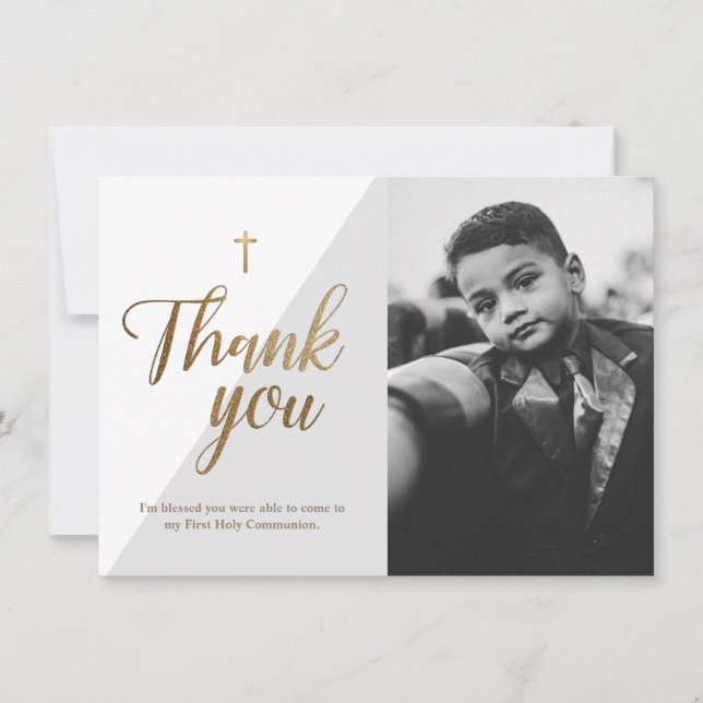 Modern Script Gold Cross Gray Boy First Communatio Dankeskarte (Vorderseite)