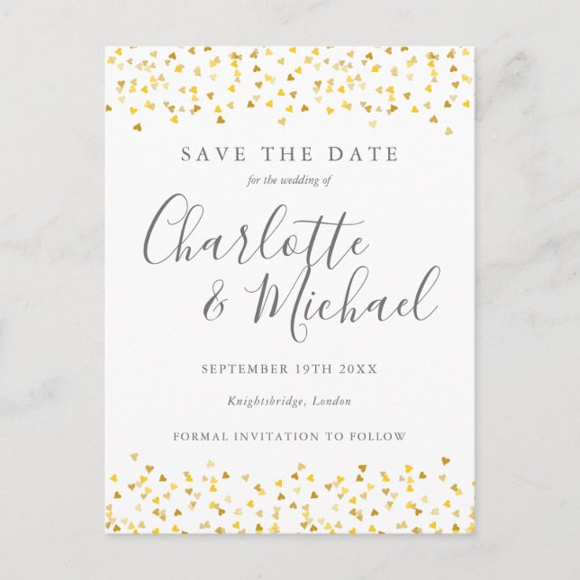 Modern Script Gold Hearts Confetti Save the Date Ankündigungspostkarte (Vorderseite)