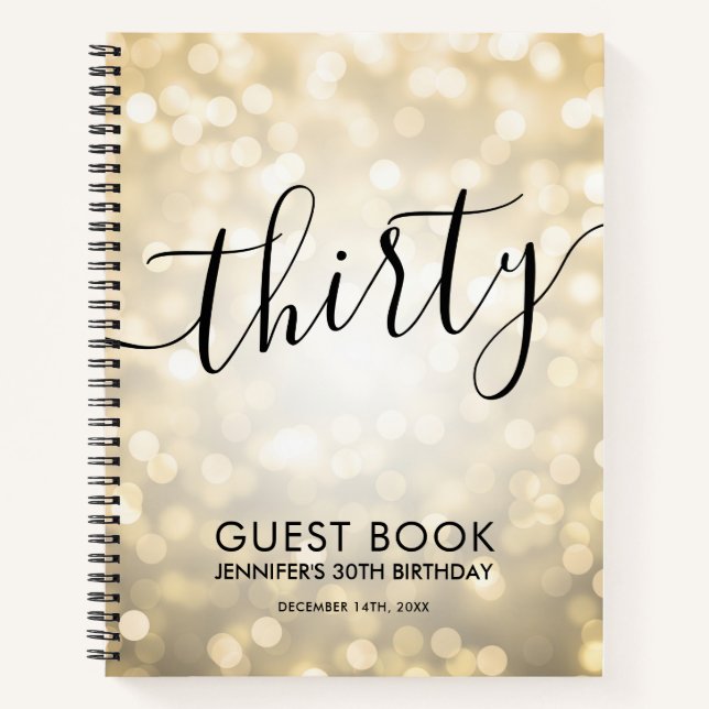 Modern Script Gold Lights 30th Birthday GUEST BOOK Notizbuch (Vorderseite)