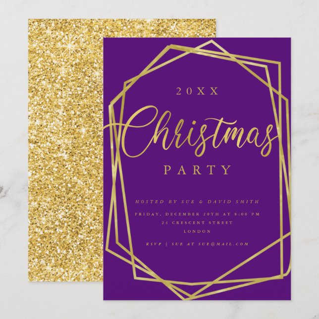 MODERN Script Gold Lila Frame Weihnachtszeit Party Einladung (Vorne/Hinten)