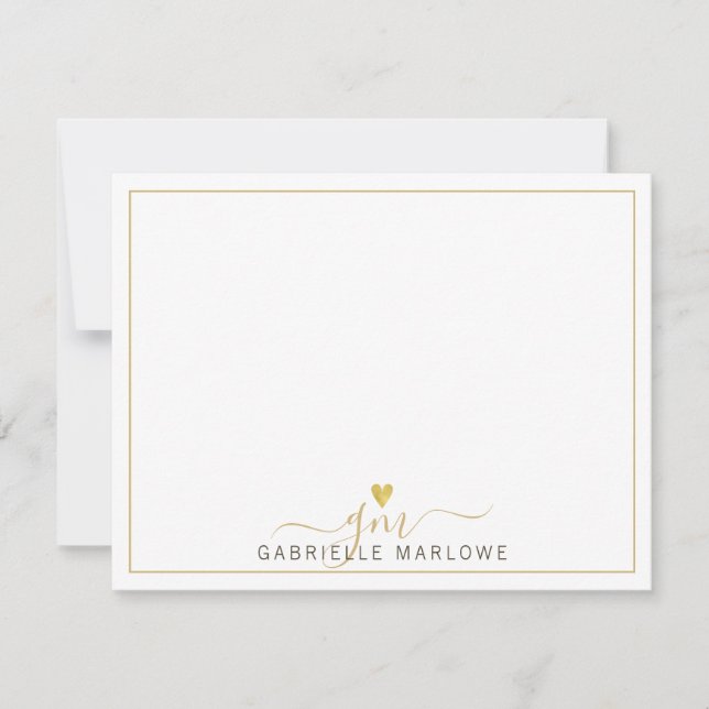 Modern Script Gold Monogram Heart Initials Mitteilungskarte (Vorderseite)