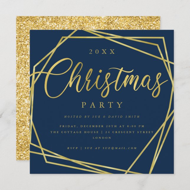 MODERN Script Gold Navy Foil Rahmen Weihnachtsweih Einladung (Vorne/Hinten)