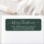 Modern Script Green Christmas Return Address Label<br><div class="desc">Moderne elegante,  handgeschriebene Weihnachts-Grün-Rücksendeadressen-Aufkleber. Mit einem hübschen handgeschriebenen Kalligraphie-Swash-Schwanz Schriftart-Skript mit Sprichwort "Frohe Weihnachten". Ideal für die Weihnachtszeit,  einfach zu personalisieren mit Ihren Namen und Rücksendeadresse-Infos.</div>