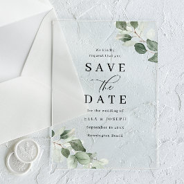 Modern Script Green Leaf Wedding Save The Date Acryleinladungen