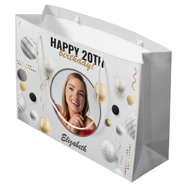 Modern Script Happy Birthday Custom Foto Gift Große Geschenktüte (Rückseite Schrägansicht)
