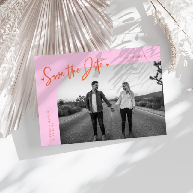 Modern Script Heart Orange Pink Curved Frame Photo Save The Date (Von Creator hochgeladen)