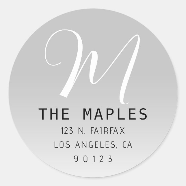 Modern Script Initial Rücksendeadresse | Gray Ombr Runder Aufkleber (Vorderseite)