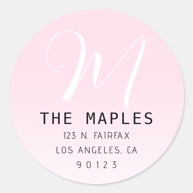 Modern Script Initial Rücksendeadresse | Pink Ombr Runder Aufkleber (Vorderseite)