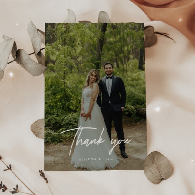 Modern Script Lettering Wedding Photo Dankeskarte (Von Creator hochgeladen)