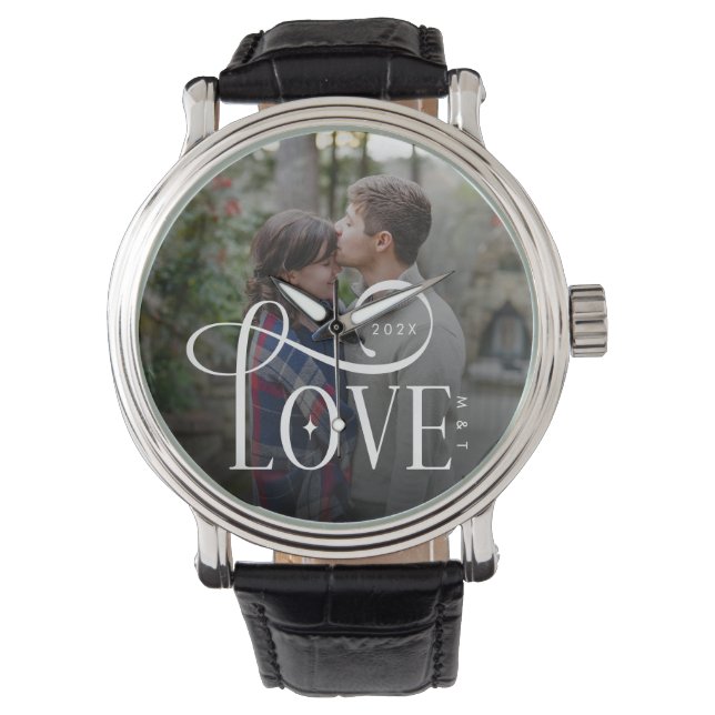 Modern Script Love Custom Engaged Couples Photo Armbanduhr (Vorderseite)