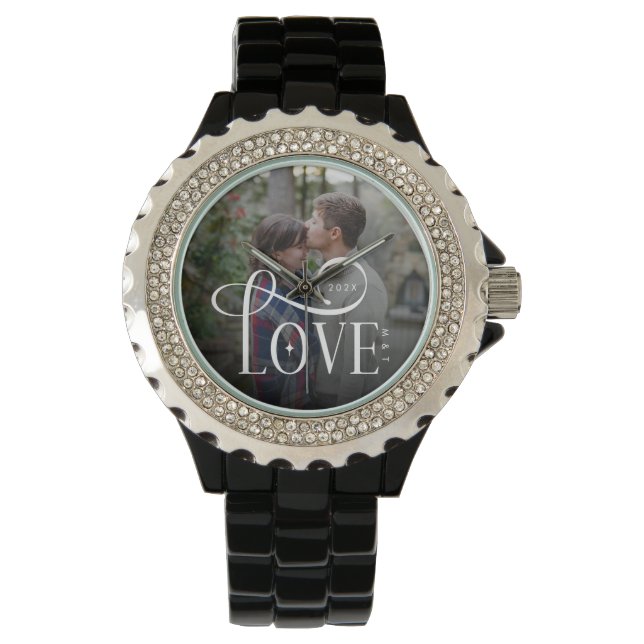 Modern Script Love Custom Engaged Couples Photo Armbanduhr (Vorderseite)