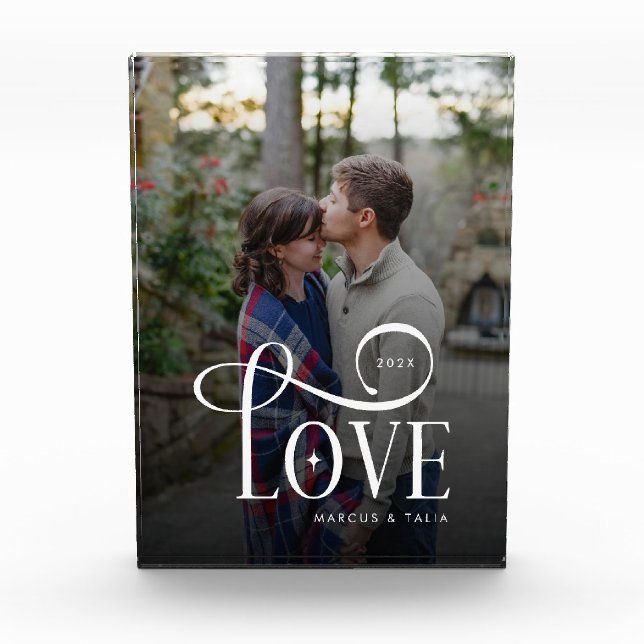 Modern Script Love Custom Engaged Couples Photo Fotoblock (Vorderseite)