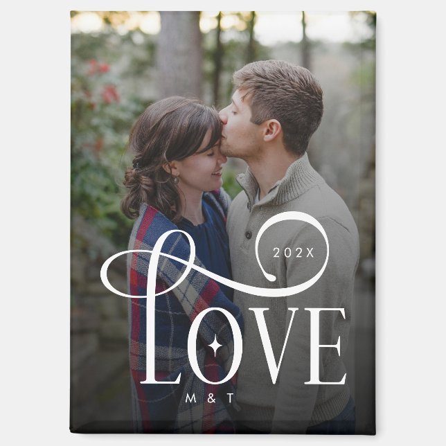 Modern Script Love Custom Engaged Couples Photo Magnet (Vorderseite)