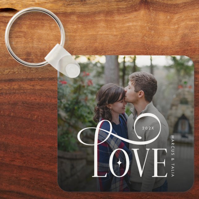 Modern Script Love Custom Engaged Couples Photo Schlüsselanhänger (Vorderseite)