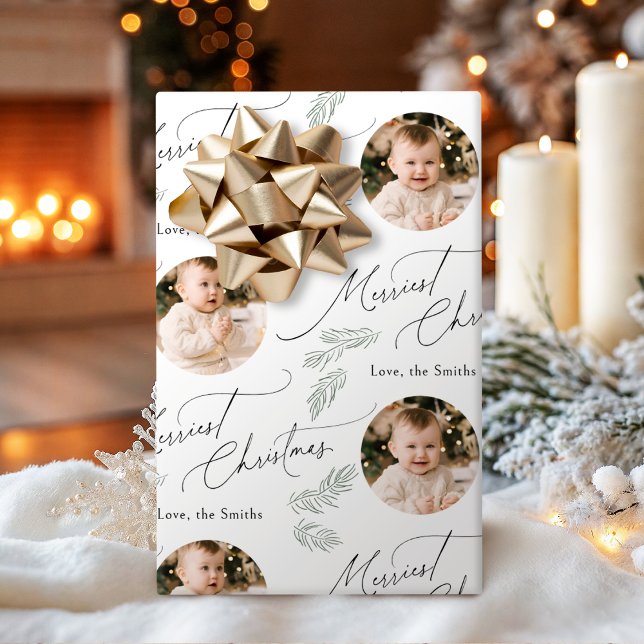 Modern Script Merriest Christmas Family 2 photo Geschenkpapier (Modern Script Merriest Christmas Family 2 photo Wrapping Paper)